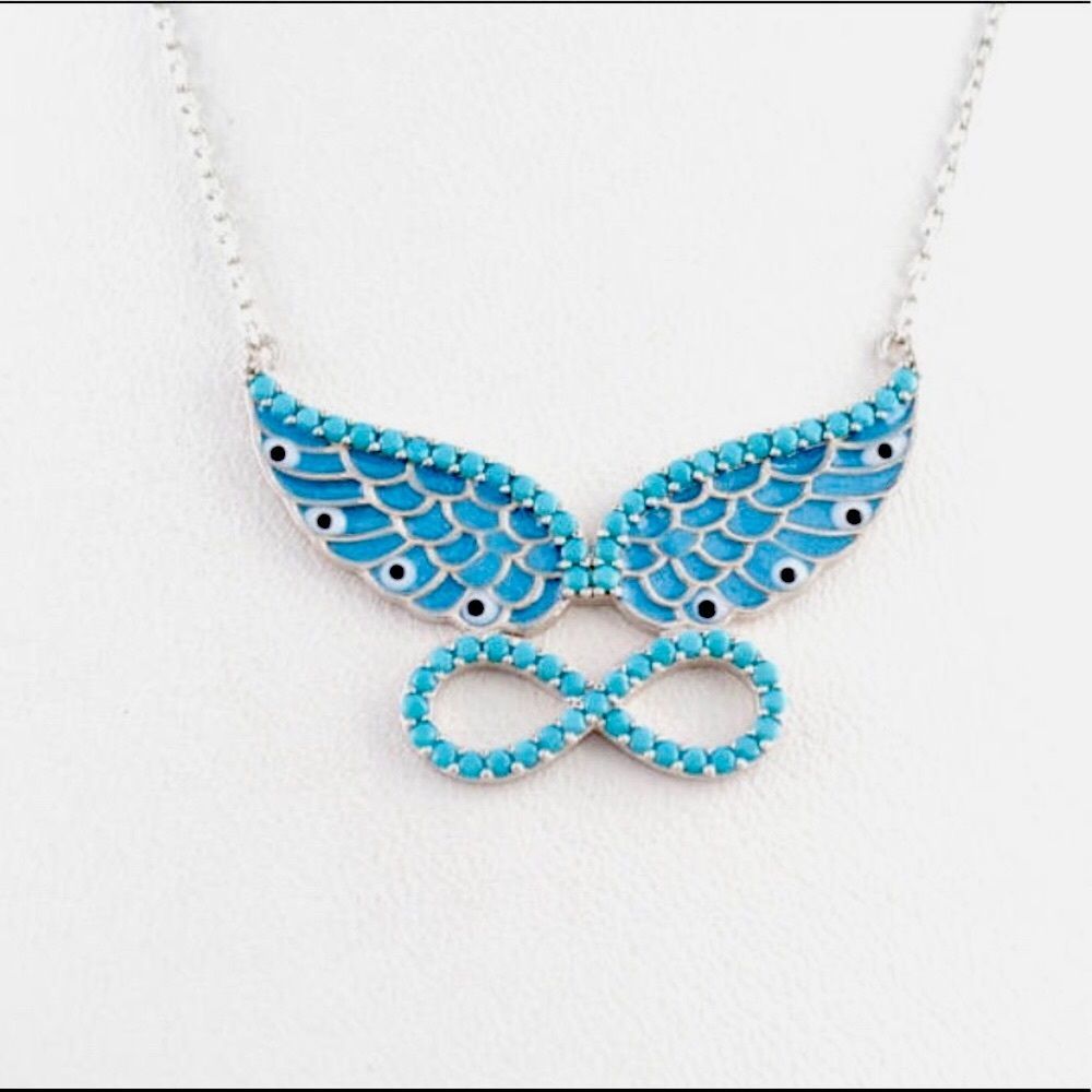 Angel wings evileye hand made enamel silver wing turquoise necklace - Picture 2 of 2